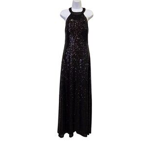 B. Darlin 9/10 Y2K Vintage Black Sequin Halter Maxi Dress Strappy Open Back Fron